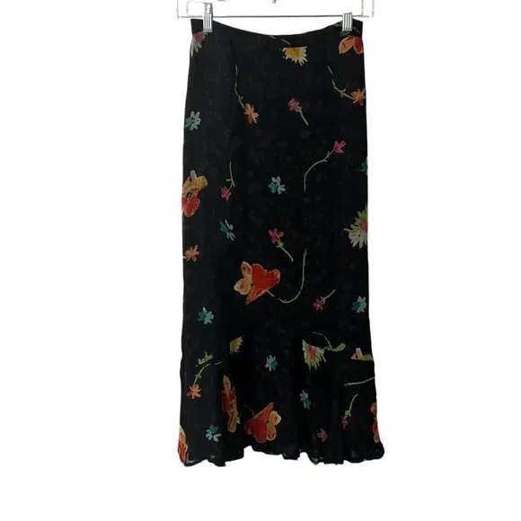 Vintage Floral Print Reversible Sheer Overlay Lettuce Hem Maxi Skirt Small - Picture 3 of 8